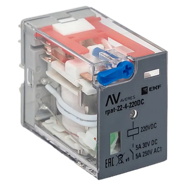 Реле промежуточное с кнопкой и механической индикацией EKF AVERES RPAt 22/4 5A 220В DC