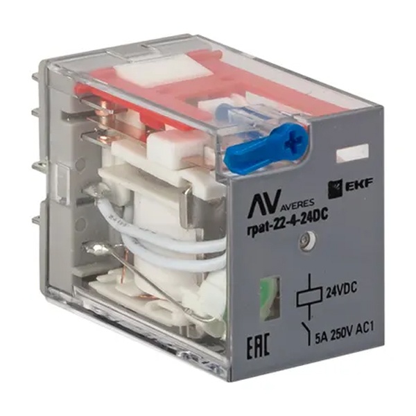 Реле промежуточное с кнопкой и механической индикацией EKF AVERES RPAt 22/4 5A 24В DC