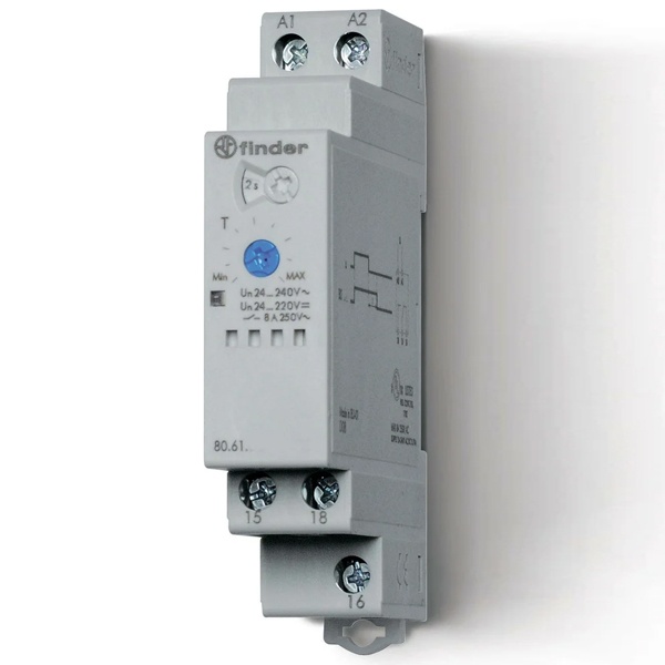Модульный таймер c задержкой на выключе Finder 8A 1CO питание 24…240В АС/DC задержка 0.05с…180c