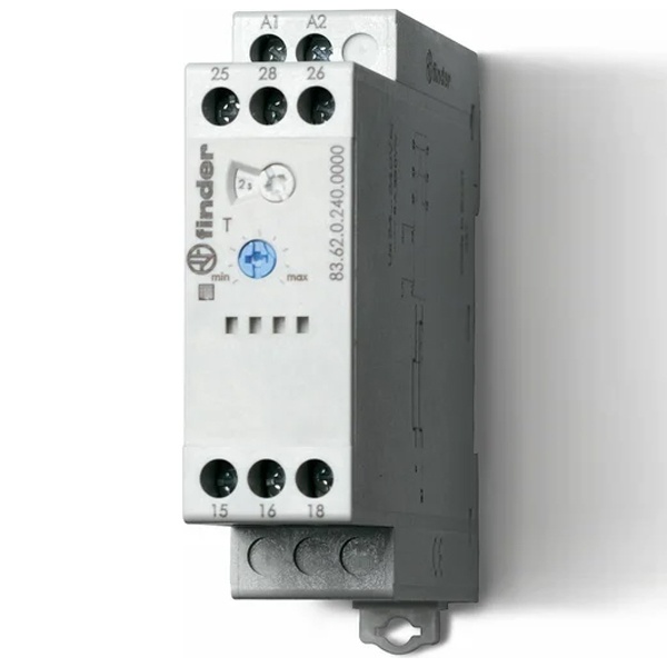 Модульный таймер c задержкой на выключе Finder 8A 2CO питание 24…240В АС/DC задержка 0.05с…180c
