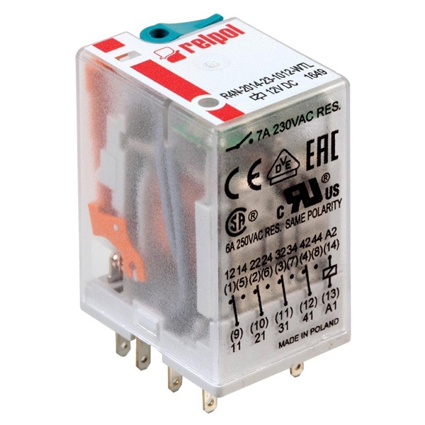 Реле Relpol R4N-2014-23-1024-WTL 6A 4CO AgNi 24В DC кнопка тест, механический индикатор, LED IP40