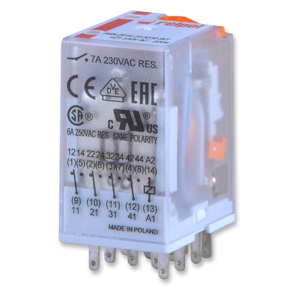 Реле Relpol R4N-2014-23-5230-WT 6A 4CO AgNi 230В AC кнопка тест, механический индикатор IP40