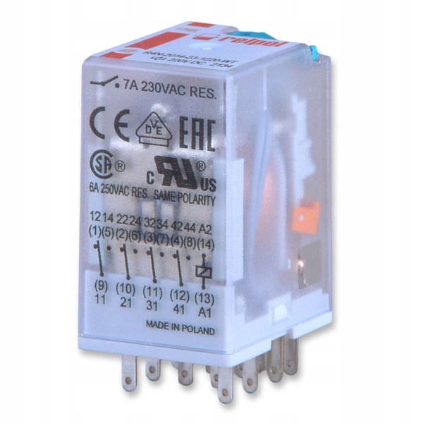 Реле Relpol R4N-2014-23-1220-WT 6A 4CO AgNi 220В DC кнопка тест, механический индикатор IP40