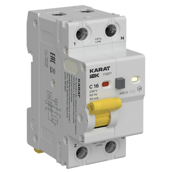 УЗДП ИЭК KARAT c автоматическим выключателем и АВДТ 1P+N C16A  30мА тип AC однофазный 6кА