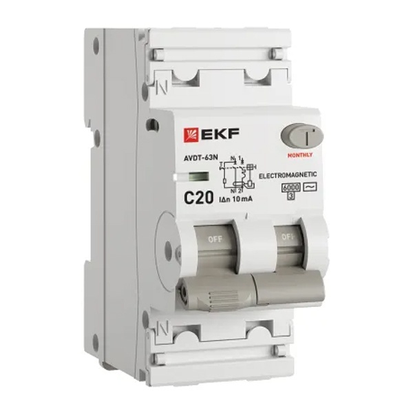 Дифавтомат EKF PROxima АВДТ-63N 1P+N C20А 10мА тип АС однофазный электромеханический 6кА (дифференциальный автомат, АВДТ)