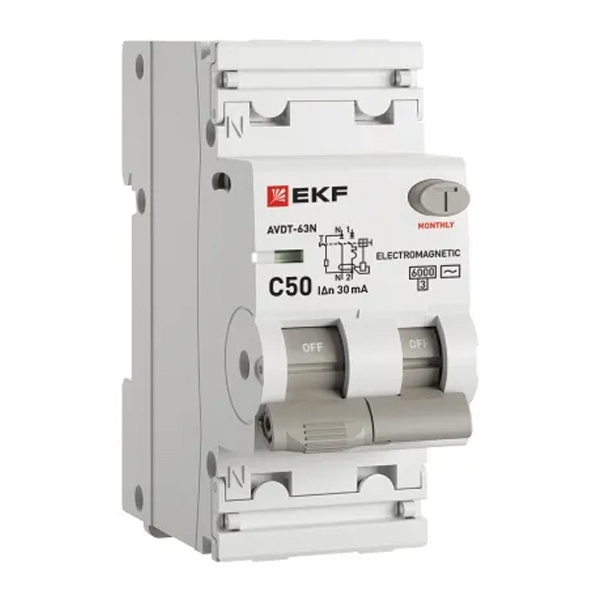 Дифавтомат EKF PROxima АВДТ-63N 1P+N C50А 30мА тип АС однофазный электромеханический 6кА (дифференциальный автомат, АВДТ)