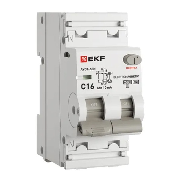 Дифавтомат EKF PROxima АВДТ-63N 1P+N C16А 10мА тип А однофазный электромеханический 6кА (дифференциальный автомат, АВДТ)