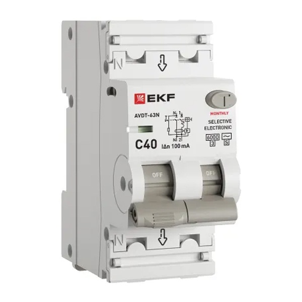Дифавтомат EKF PROxima АВДТ-63N (S) 1P+N C40А 100мА тип АС однофазный селективный электронный 6кА (дифференциальный автомат, АВДТ)