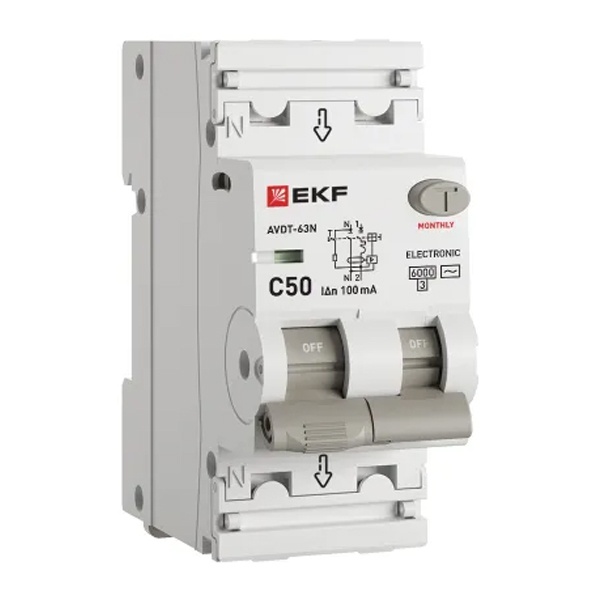 Дифавтомат EKF PROxima АВДТ-63N 1P+N C50А 100мА тип АС однофазный электронный 6кА (дифференциальный автомат, АВДТ)