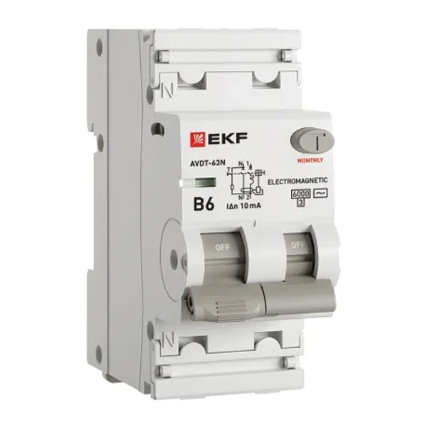 Дифавтомат EKF PROxima АВДТ-63N 1P+N B6А 10мА тип АС однофазный электромеханический 6кА (дифференциальный автомат, АВДТ)