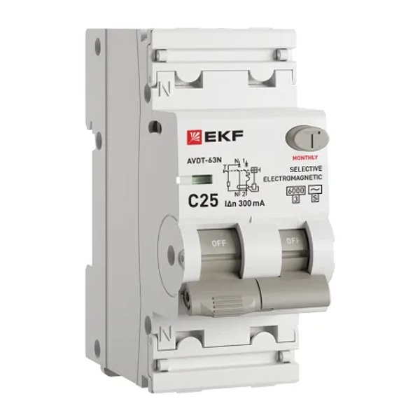 Дифавтомат EKF PROxima АВДТ-63N (S) 1P+N C25А 300мА тип АС однофазный селективный электромех. 6кА (дифференциальный автомат, АВДТ)
