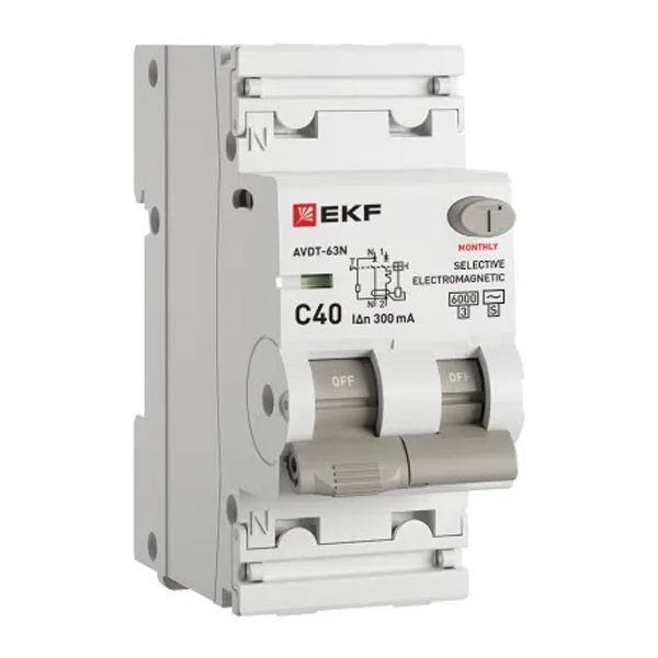 Дифавтомат EKF PROxima АВДТ-63N (S) 1P+N C40А 300мА тип АС однофазный селективный электромех. 6кА (дифференциальный автомат, АВДТ)