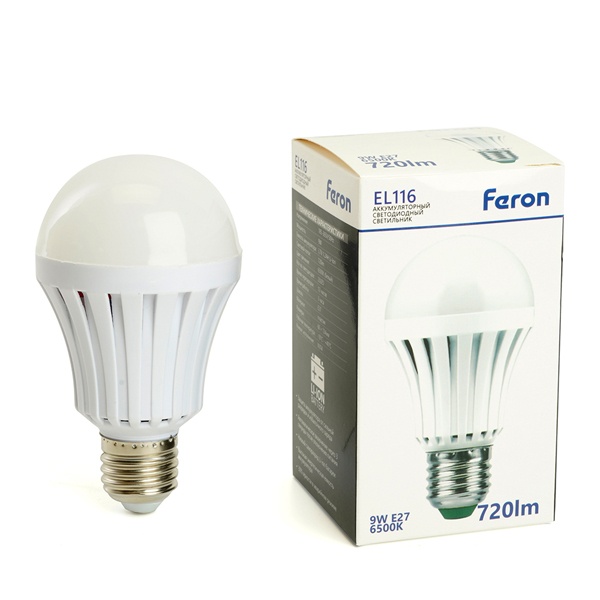 Лампа аккумуляторная Feron EL116 A60 9W 6500K Е27 AC/DC 720Lm Li-Ion аккумулятор 3,7V 1200mAh 3ч