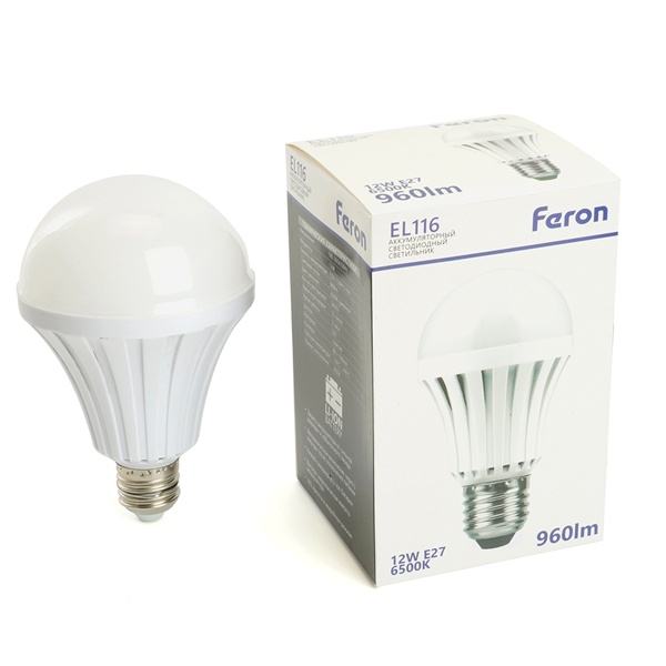 Лампа аккумуляторная Feron EL116 A80 12W 6500K Е27 AC/DC 960Lm Li-Ion аккумулятор 3,7V 1200mAh 3ч