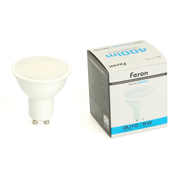 Лампа аккумуляторная Feron EL110 MR16 5W 6500K GU10 AC/DC 400Lm Li-Ion аккумулятор 3,7V 300mAh 2,5ч