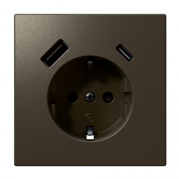 Розетка с заземлением со шторками Jasmart FD 16A USB A+C 25W, бронза