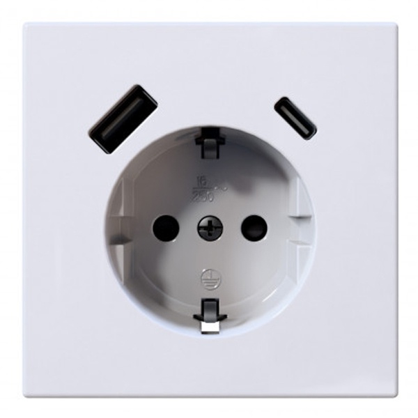 Розетка с заземлением со шторками Jasmart FD 16A USB A+C 25W, белый глянцевый
