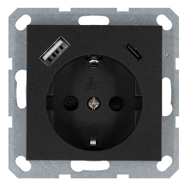Розетка с заземлением со шторками Jasmart G 16A USB A+C 25W, антрацит