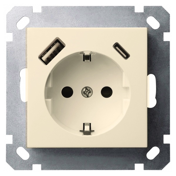 Розетка с заземлением со шторками Jasmart G 16A USB A+C 25W, шампань