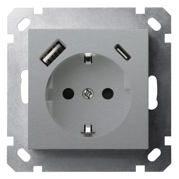 Розетка с заземлением со шторками Jasmart G 16A USB A+C 25W, алюминий