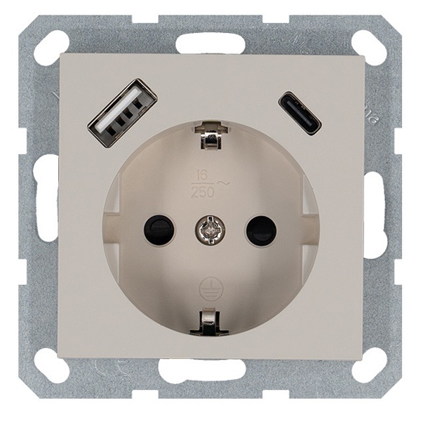 Розетка с заземлением со шторками Jasmart G 16A USB A+C 25W, тауп