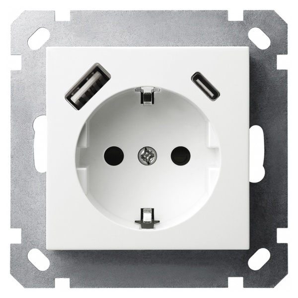 Розетка с заземлением со шторками Jasmart G 16A USB A+C 25W, белый глянцевый