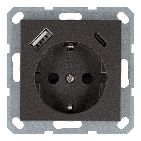 Розетка с заземлением со шторками Jasmart G 16A USB A+C 25W, мокко