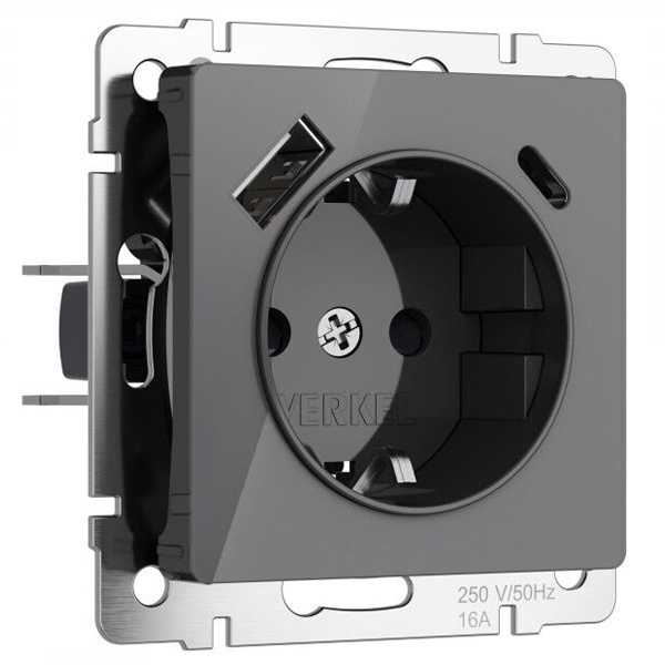 Розетка с заземлением, шторками и USB тип A+C Werkel акрил графит