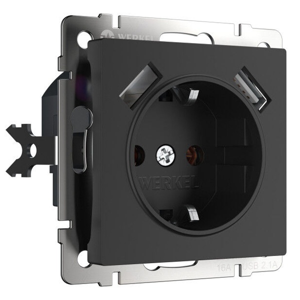 Розетка с заземлением, шторками и USBх2 2,1А Werkel черный матовый