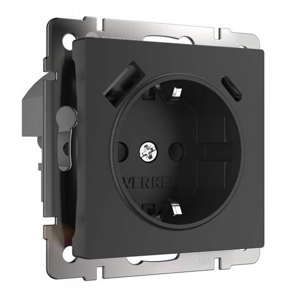 Розетка с заземлением, шторками и USB тип A+C 3А Werkel черный матовый