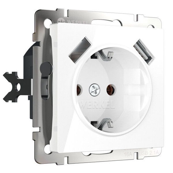 Розетка с заземлением, шторками и USBх2 2,1А Werkel белый