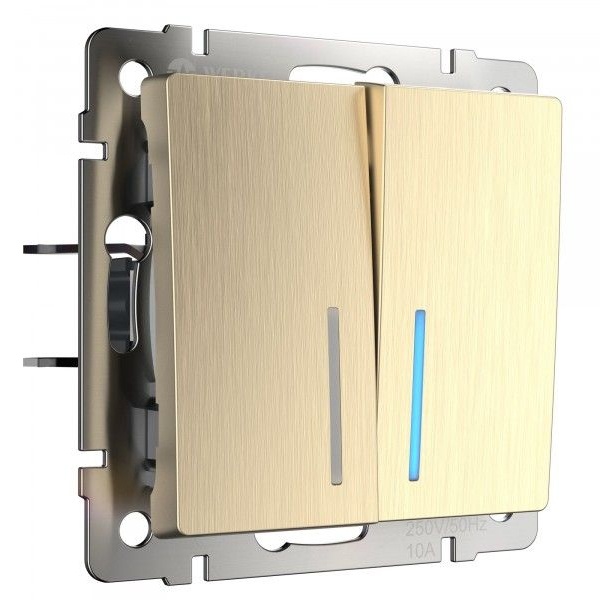 Выключатель двухклавишный проходной с подсветкой Werkel шампань рифленый