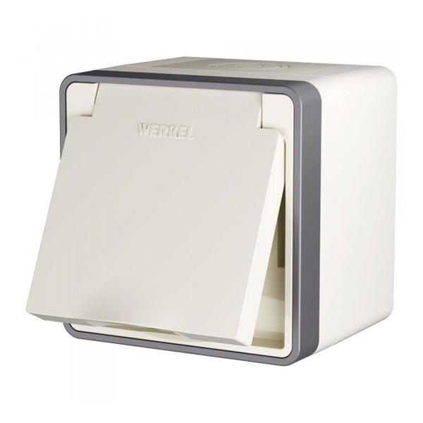 Розетка накладная влагозащищенная с заземлением с крышкой и шторками IP44 Werkel Gallant слоновая ко