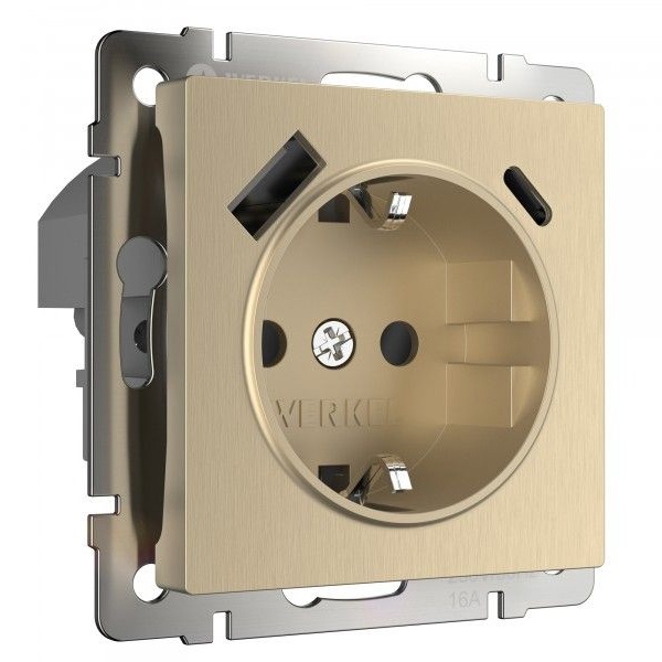 Розетка с заземлением, шторками и USB тип A+C Werkel (шампань рифленый )