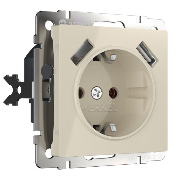 Розетка с заземлением, шторками и USBх2 2,1А Werkel слоновая кость (бежевый)