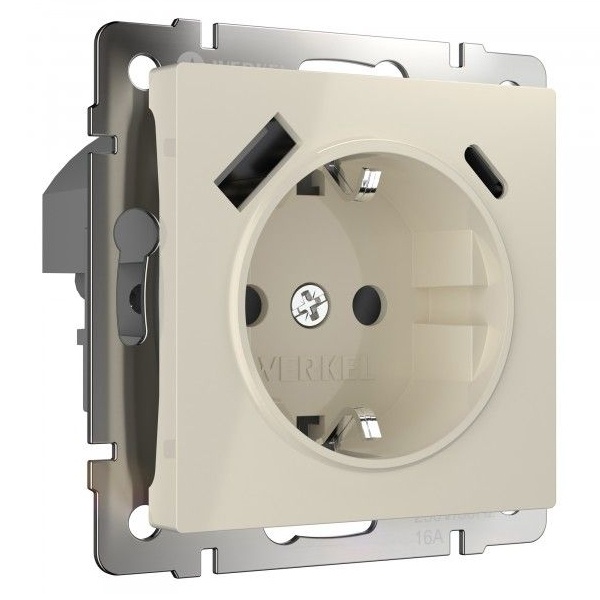 Розетка с заземлением, шторками и USB тип A+C 3А Werkel слоновая кость (бежевый)
