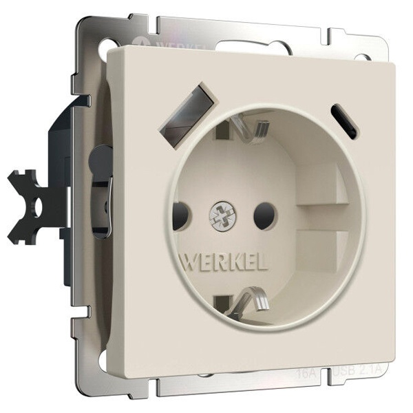 Розетка с заземлением, шторками и USB тип A+C 3А Werkel айвори матовый