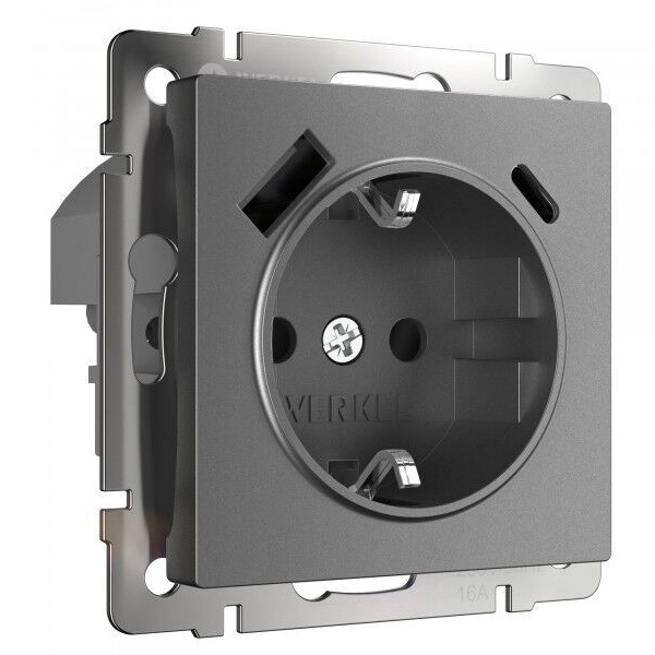 Розетка с заземлением, шторками и USB тип A+C 3А Werkel графит матовый
