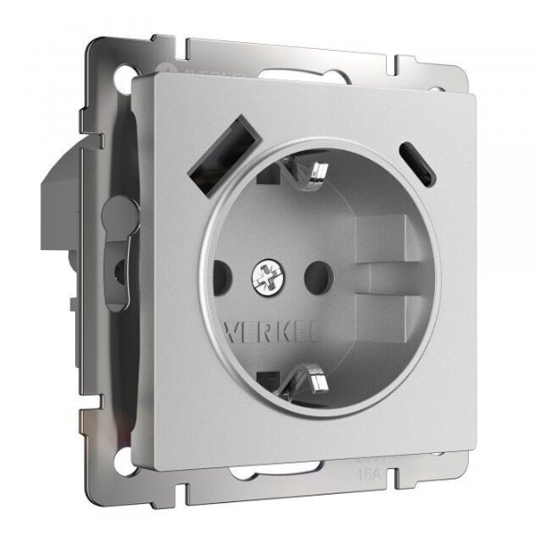 Розетка с заземлением, шторками и USB тип A+C 3А Werkel серебряный матовый