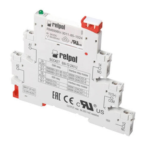 Миниатюрное реле c розеткой Relpol SIR6W-24VAC/DC-R 6A 1CO AgSnO2 24В AC/DC