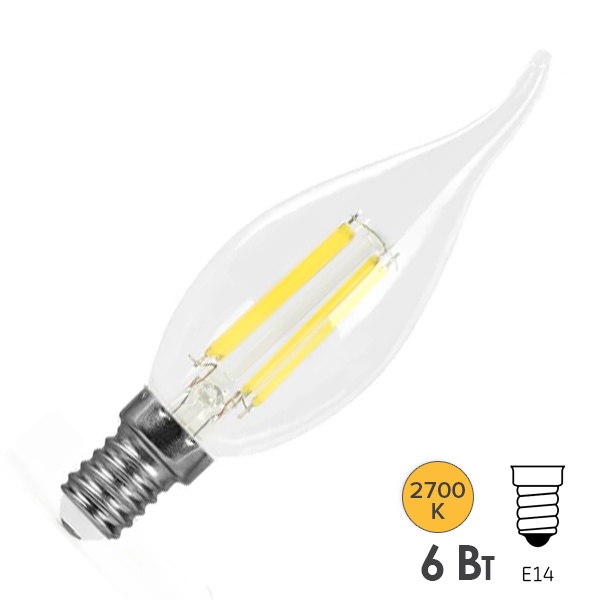 Лампа филаментная светодиодная свеча на ветру Feron PRO LB-1216 C35T 6W 2700K 175-265V E14 960Lm