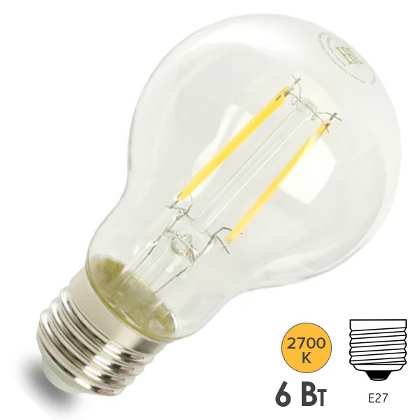 Лампа светодиодная филаментная Feron PRO LB-1106 A60 6W 2700K 175-265V E27 960Lm теплый свет