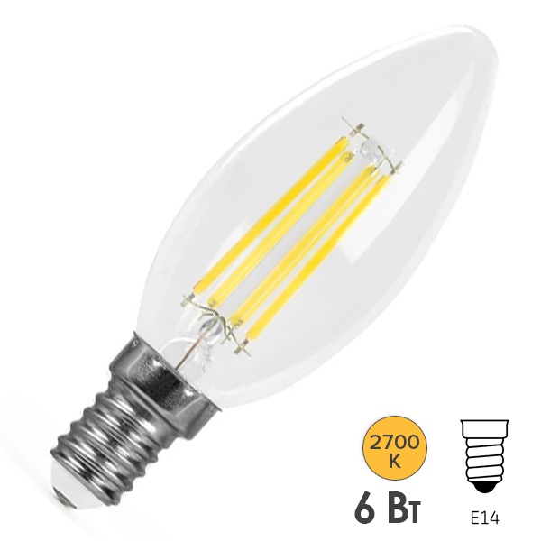 Лампа филаментная светодиодная свеча Feron PRO LB-1206 C35 6W 2700K 175-265V E14 960Lm теплый свет