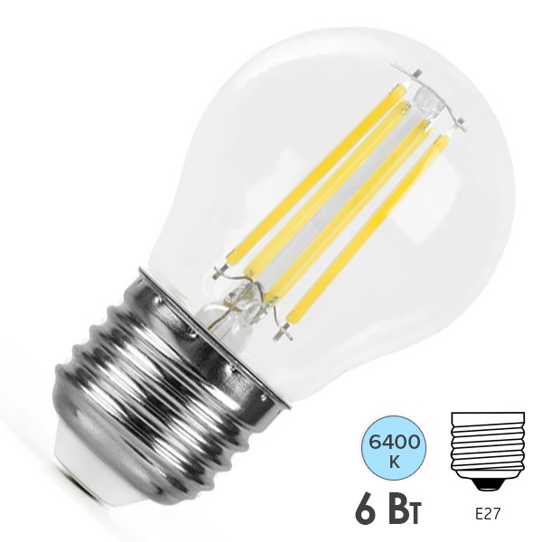 Лампа светодиодная филаментная шарик Feron PRO LB-1706 G45 6W 6400K 175-265V E27 1000Lm дневной свет