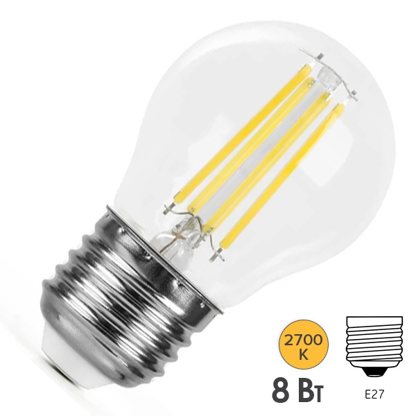 Лампа светодиодная филаментная шарик Feron PRO LB-1708 G45 8W 2700K 175-265V E27 1280Lm теплый свет