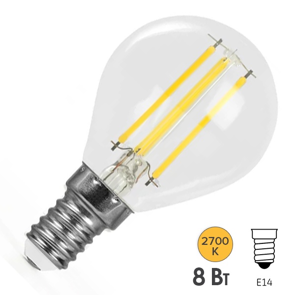 Лампа светодиодная филаментная шарик Feron PRO LB-1708 G45 8W 2700K 175-265V E14 1280Lm теплый свет