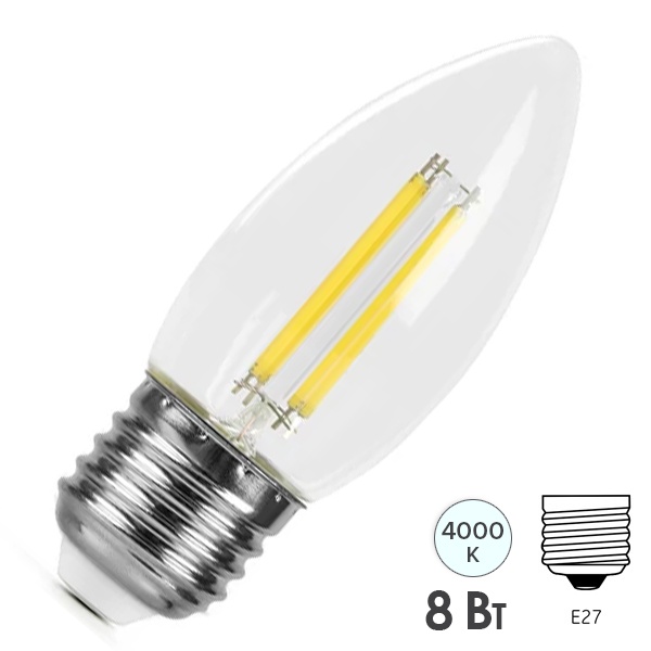 Лампа филаментная светодиодная свеча Feron PRO LB-1208 C35 8W 4000K 220V E27 1300Lm холодный свет