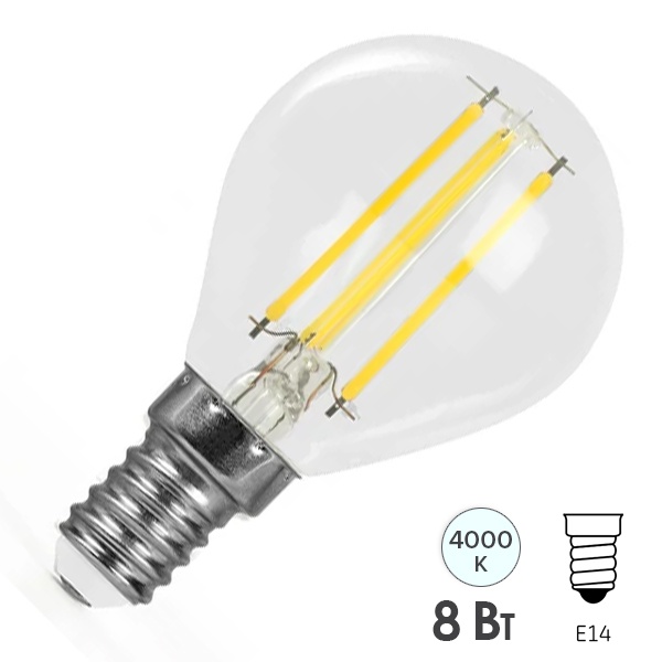 Лампа светодиодная филаментная шарик Feron PRO LB-1708 G45 8W 4000K 230V E14 1300Lm холодный свет