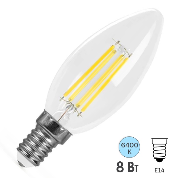 Лампа филаментная светодиодная свеча Feron PRO LB-1208 C35 8W 6400K 175-265V E14 1320Lm дневной свет