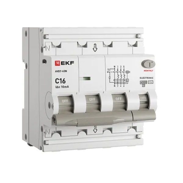 Дифавтомат EKF PROxima АВДТ-63N 3P+N 16А 10мА характеристика C тип АС трехфазный электронный 6кА (дифференциальный автомат, АВДТ)